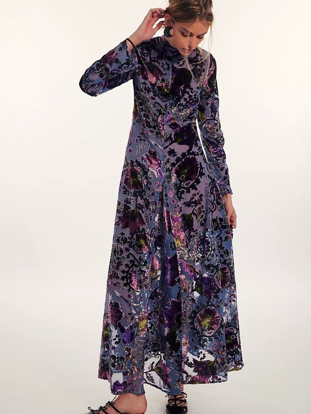 Free People Bali Painterly Paisley Velvet Maxi Dress Lagoon Combo XS